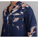 Men Crane Print Long Silk Pajamas Set Pure Silk Sleepwear Red XS