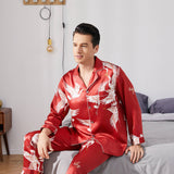 Men Crane Print Long Silk Pajamas Set Pure Silk Sleepwear Red S