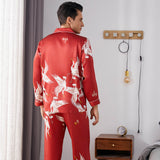 Men Crane Print Long Silk Pajamas Set Pure Silk Sleepwear Red S