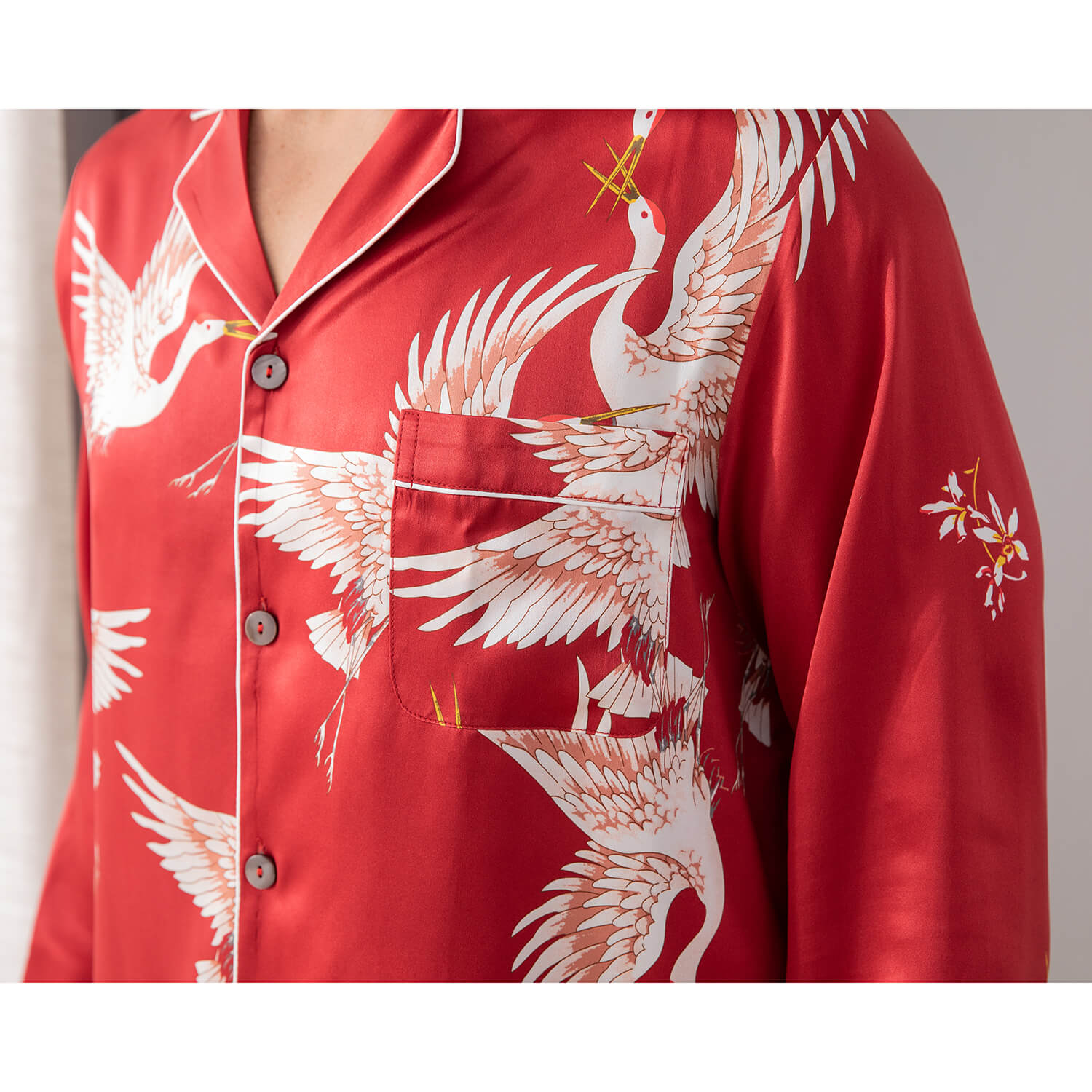Men Crane Print Long Silk Pajamas Set Pure Silk Sleepwear Red XS