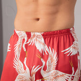 Men Crane Print Long Silk Pajamas Set Pure Silk Sleepwear Red XS