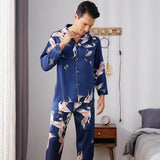 Men Crane Print Long Silk Pajamas Set Pure Silk Sleepwear Navy Blue M