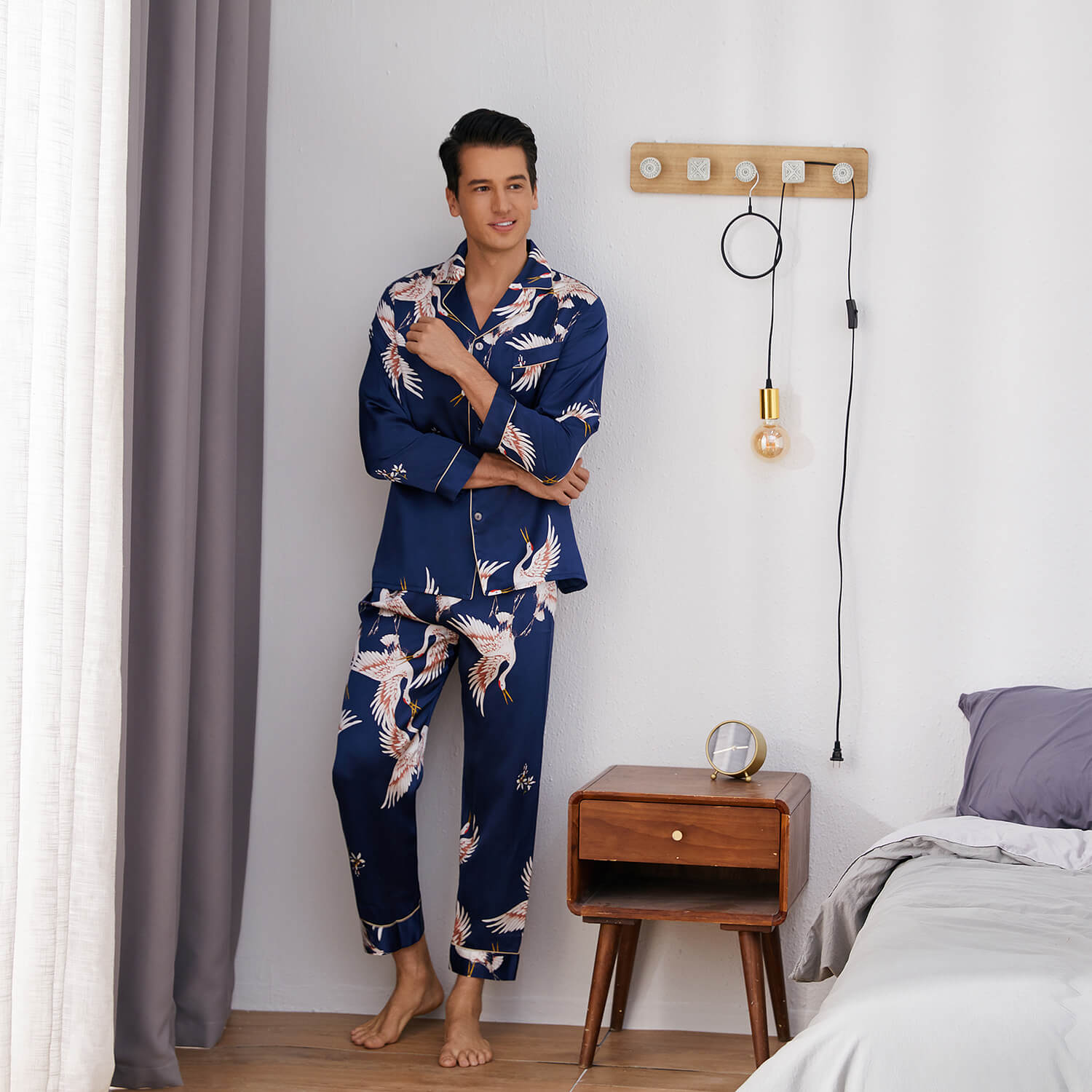Men Crane Print Long Silk Pajamas Set Pure Silk Sleepwear Red XS