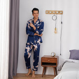 Men Crane Print Long Silk Pajamas Set Pure Silk Sleepwear Red XS