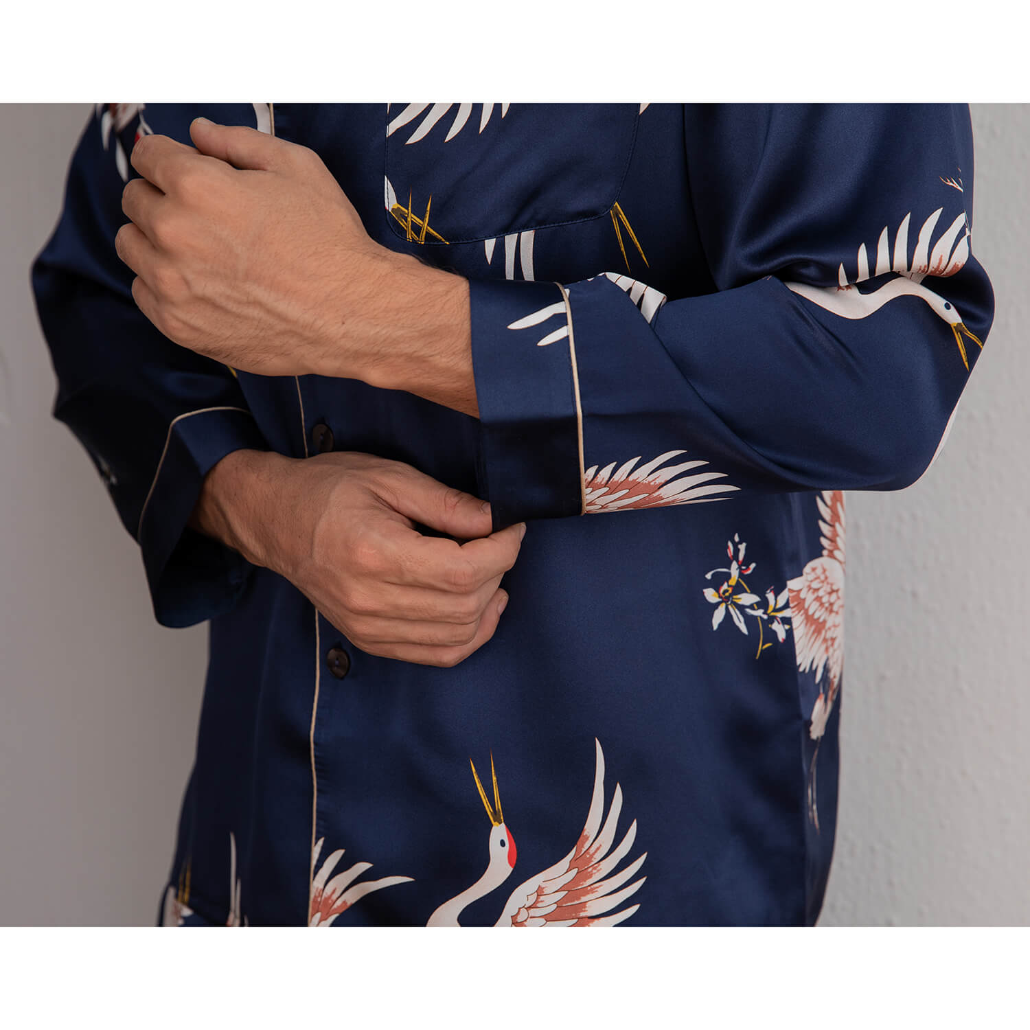 Men Crane Print Long Silk Pajamas Set Pure Silk Sleepwear Red XS