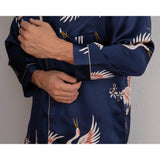 Men Crane Print Long Silk Pajamas Set Pure Silk Sleepwear Red XS