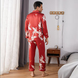Men Crane Print Long Silk Pajamas Set Pure Silk Sleepwear Red S