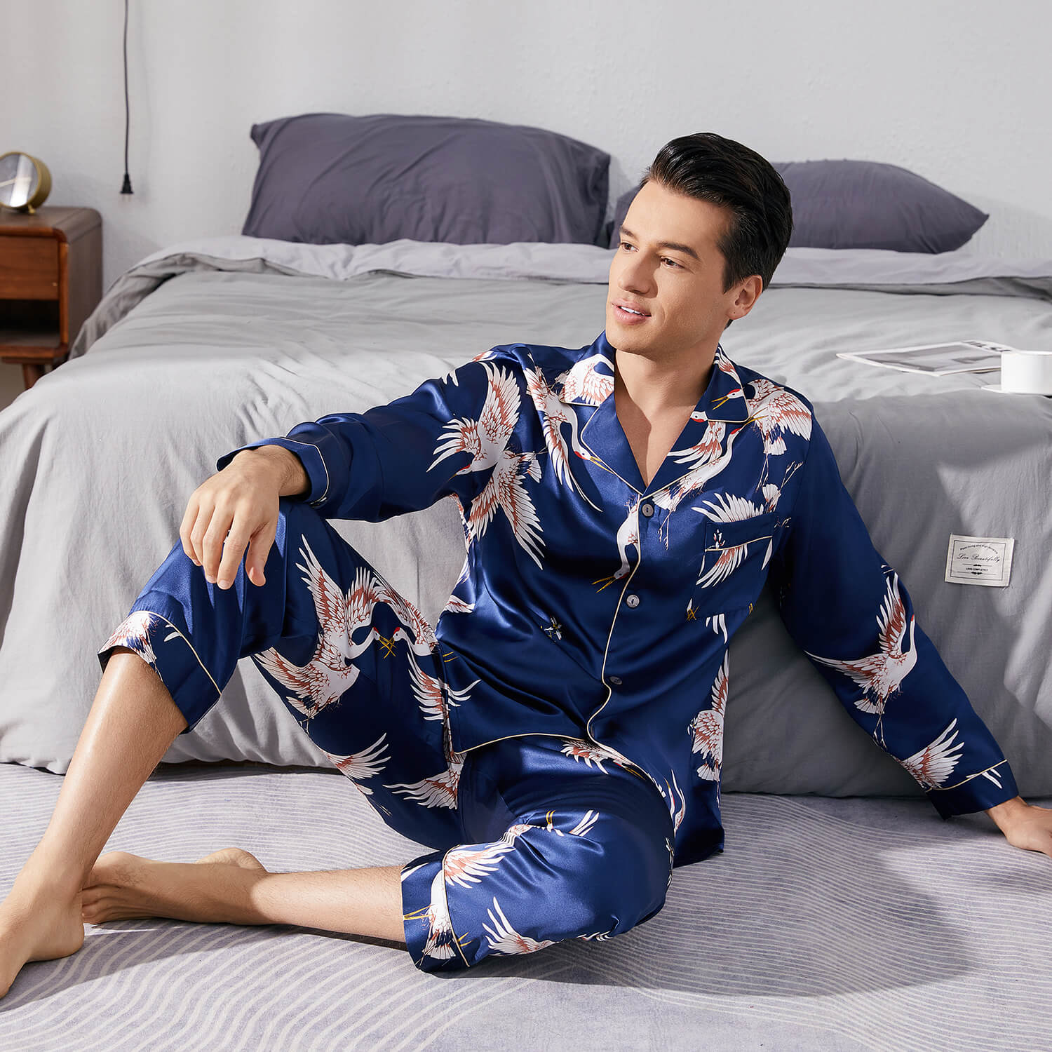 Men Crane Print Long Silk Pajamas Set Pure Silk Sleepwear Red XS