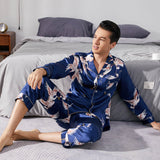 Men Crane Print Long Silk Pajamas Set Pure Silk Sleepwear Red XS