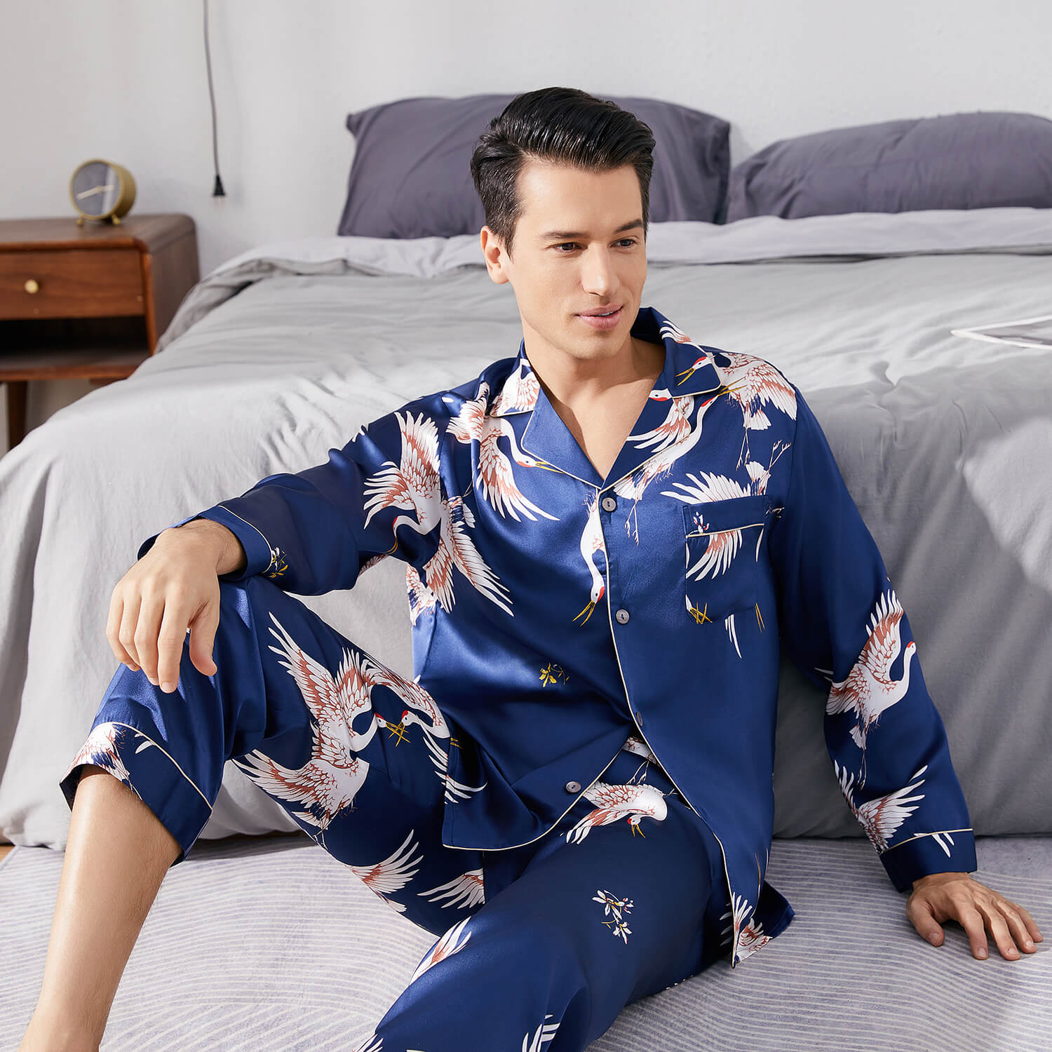 Men Crane Print Long Silk Pajamas Set Pure Silk Sleepwear Navy Blue M