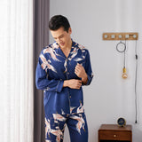 Men Crane Print Long Silk Pajamas Set Pure Silk Sleepwear Red XS