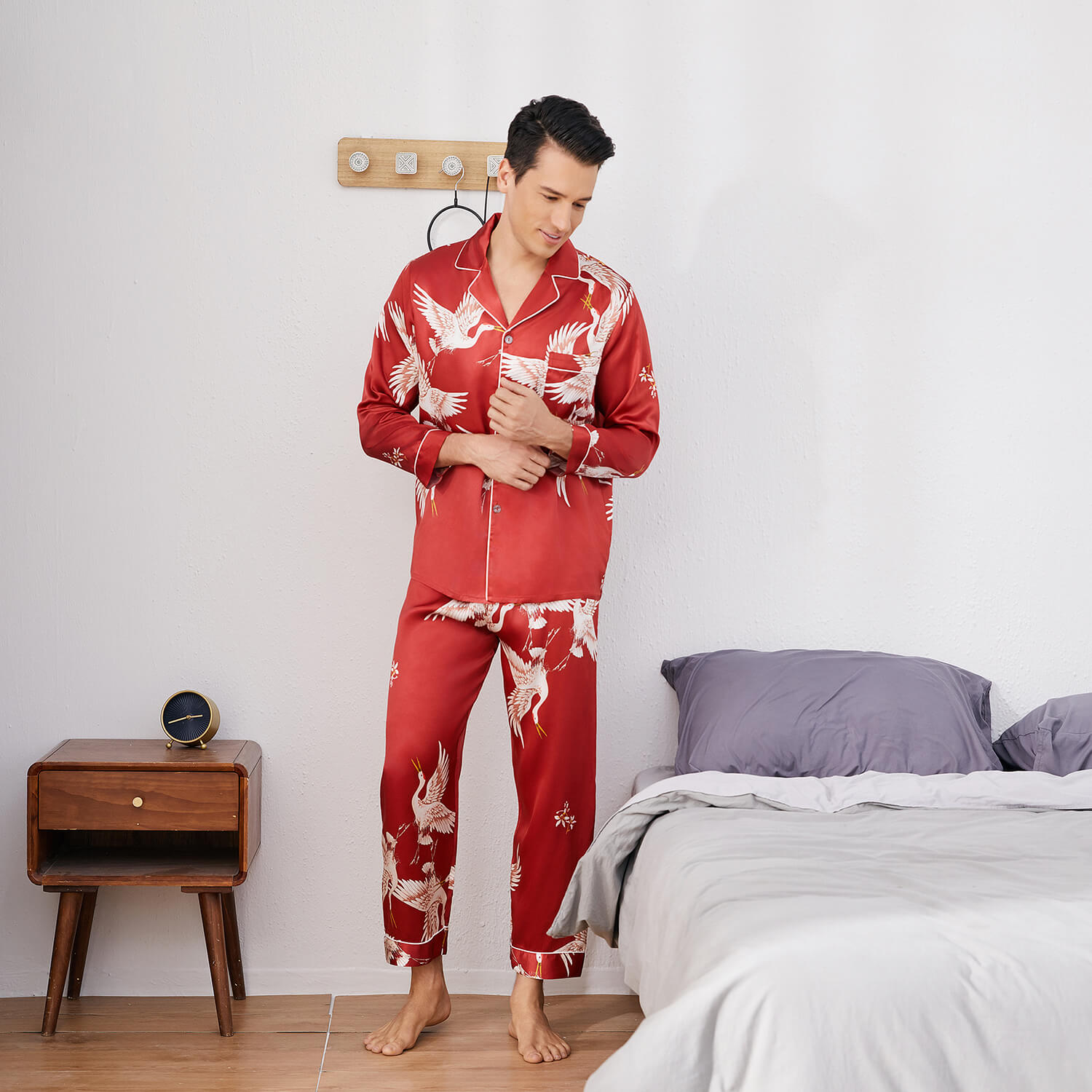 Men Crane Print Long Silk Pajamas Set Pure Silk Sleepwear Red S