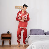 Men Crane Print Long Silk Pajamas Set Pure Silk Sleepwear Red S