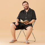 Men Plus Size Short Silk Pajamas Set Pure Silk Sleepwear Black XS