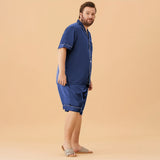Men Plus Size Short Silk Pajamas Set Pure Silk Sleepwear Navy Blue XS