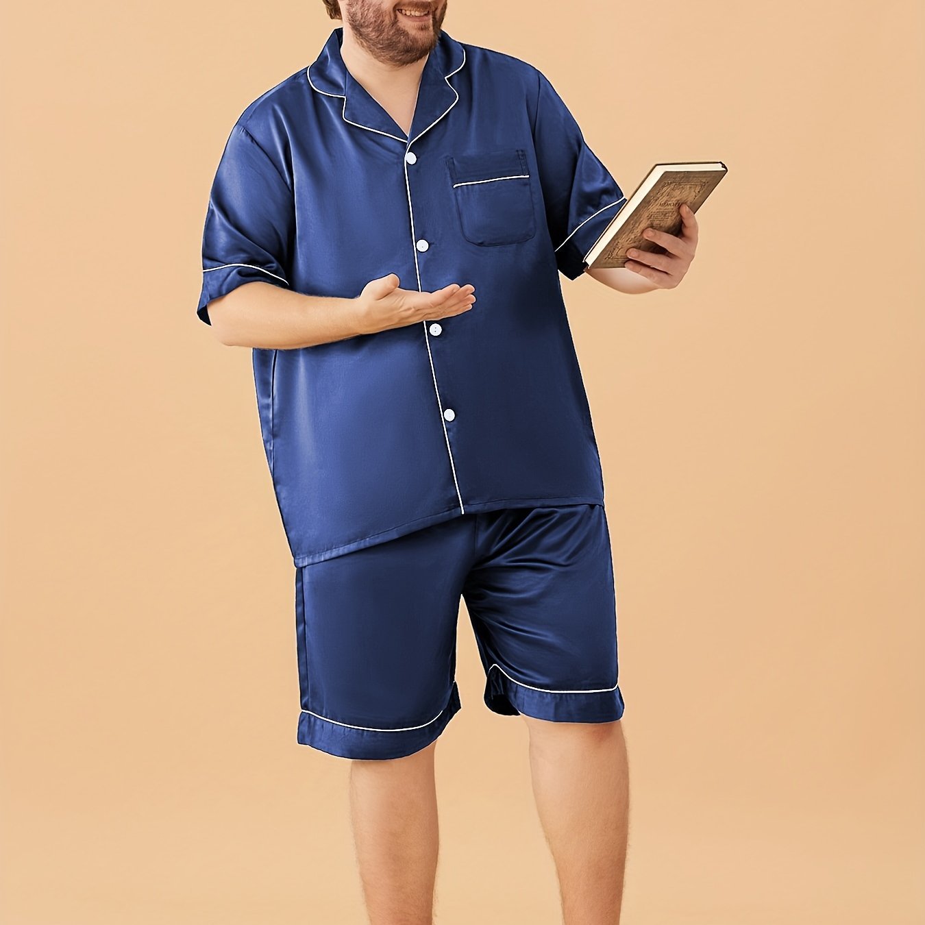 Men Plus Size Short Silk Pajamas Set Pure Silk Sleepwear Navy Blue XS