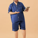 Men Plus Size Short Silk Pajamas Set Pure Silk Sleepwear Navy Blue XS