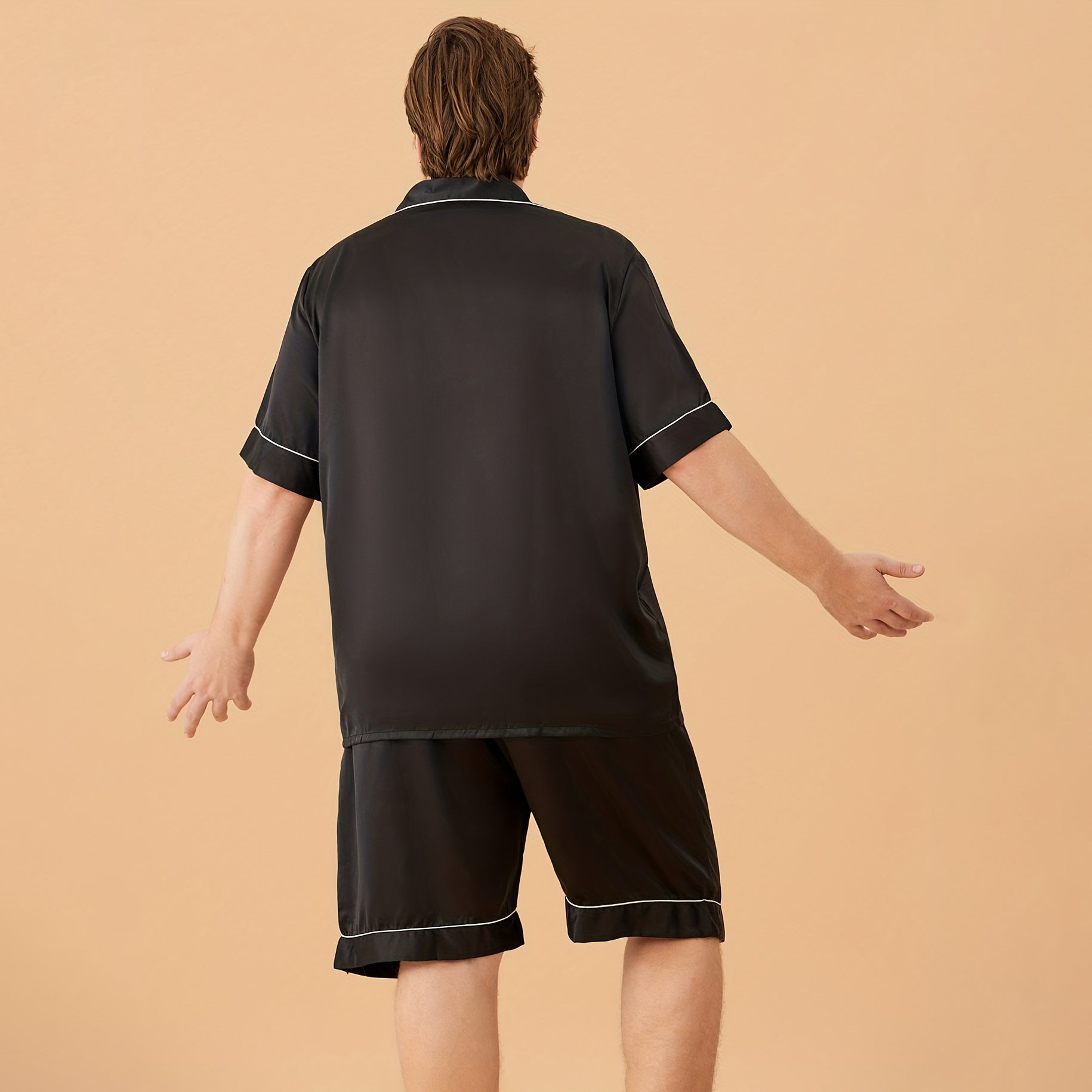 Men Plus Size Short Silk Pajamas Set Pure Silk Sleepwear Black XS
