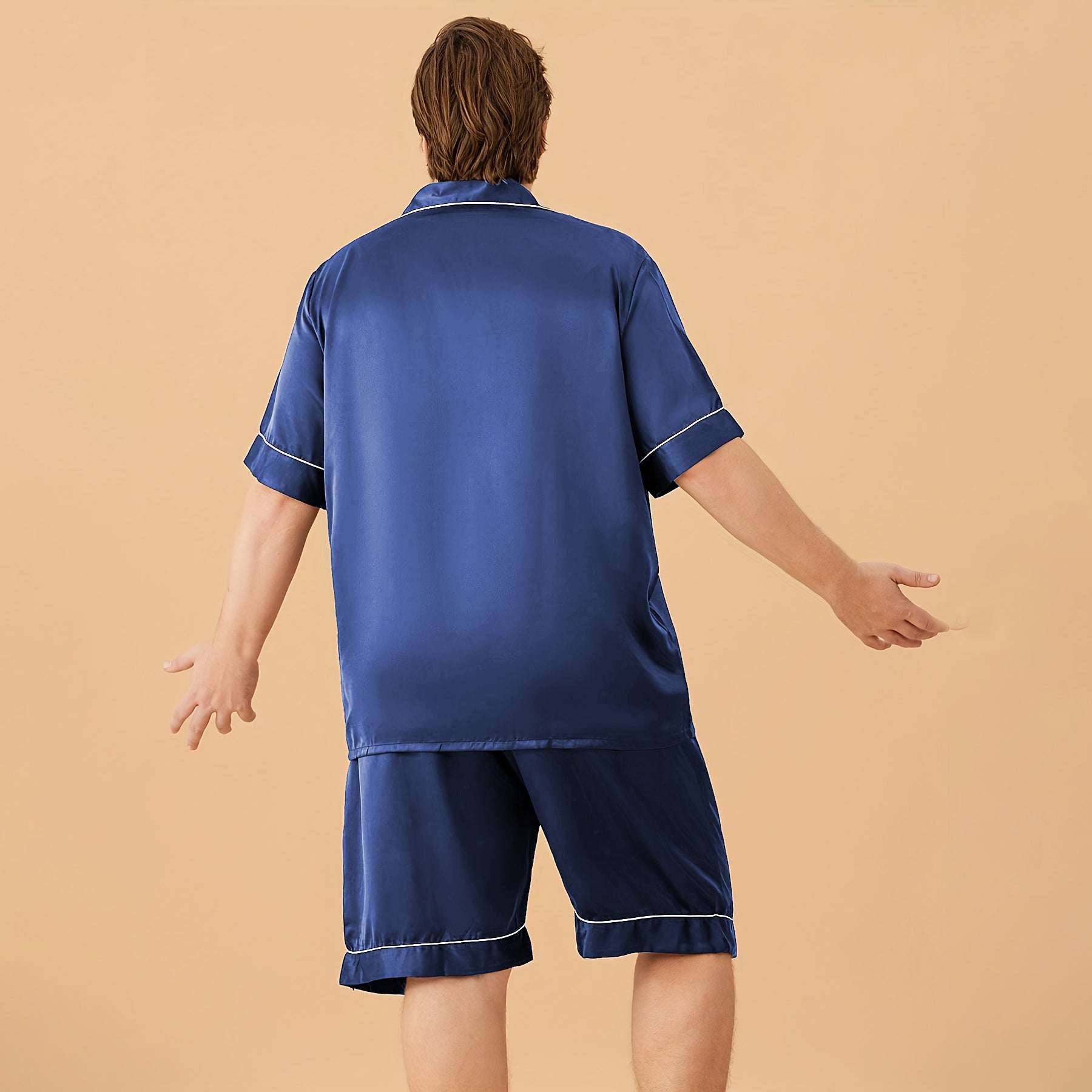 Men Plus Size Short Silk Pajamas Set Pure Silk Sleepwear Navy Blue XS