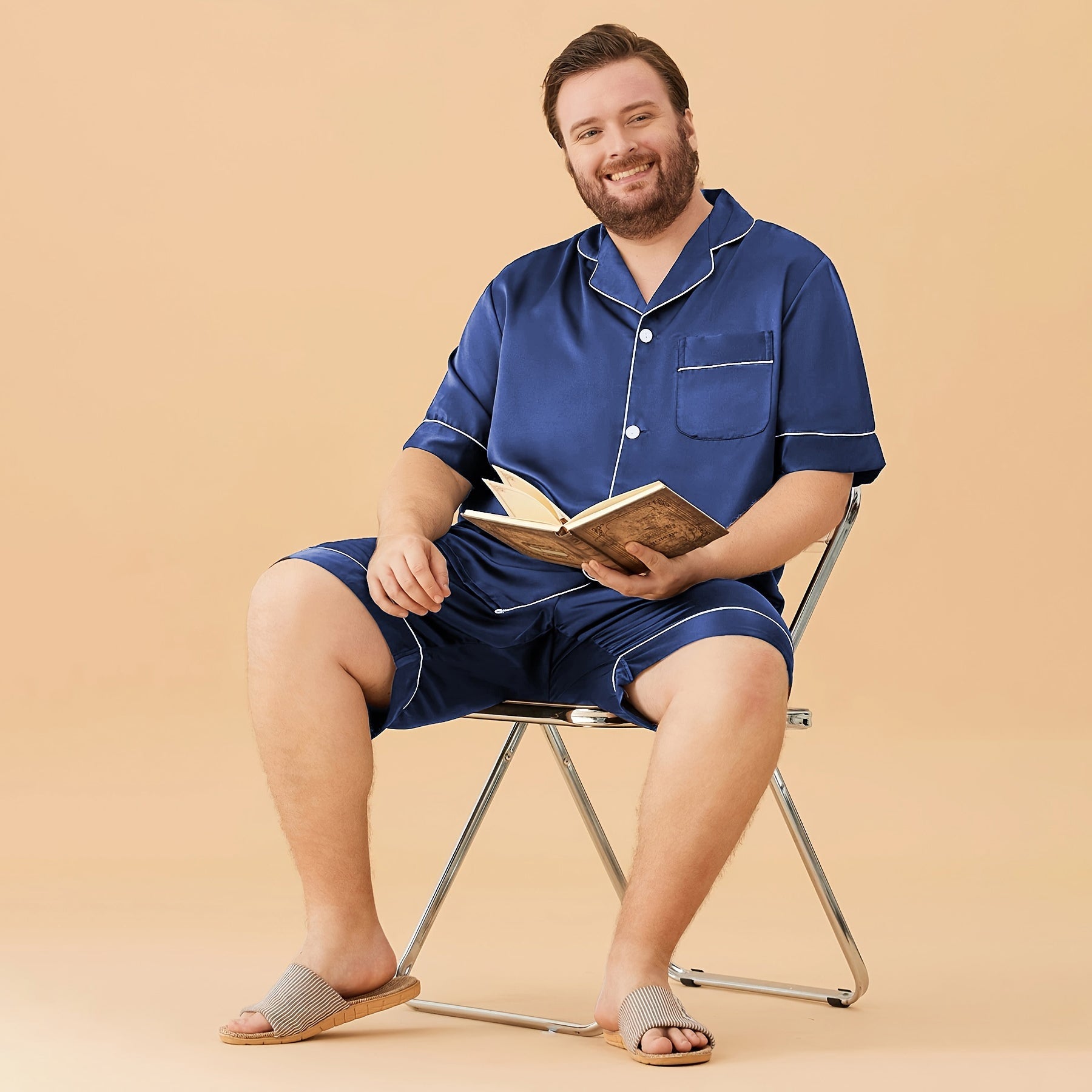 Men Plus Size Short Silk Pajamas Set Pure Silk Sleepwear Navy Blue XS
