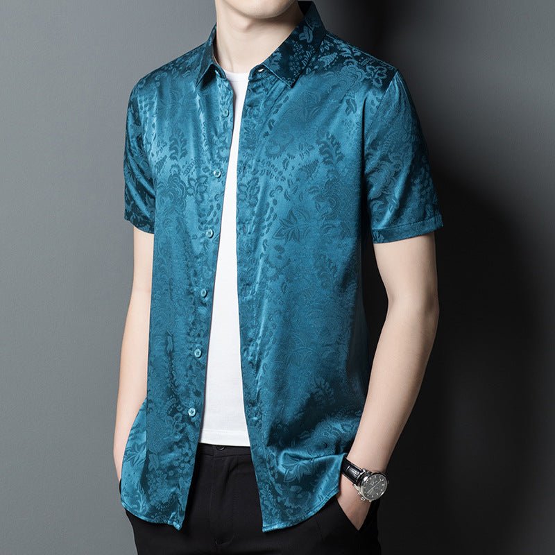 Mens Button Down Silk Shirts Short Sleeve Floral Print Silk Dress Shirt XS Teal