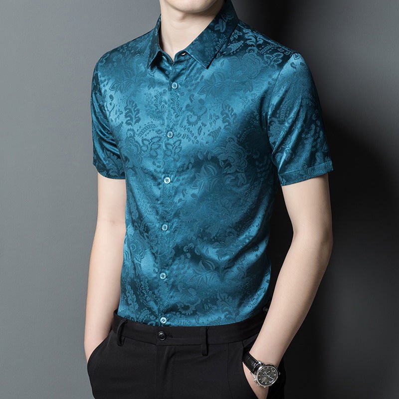 Mens Button Down Silk Shirts Short Sleeve Floral Print Silk Dress Shirt XS Teal