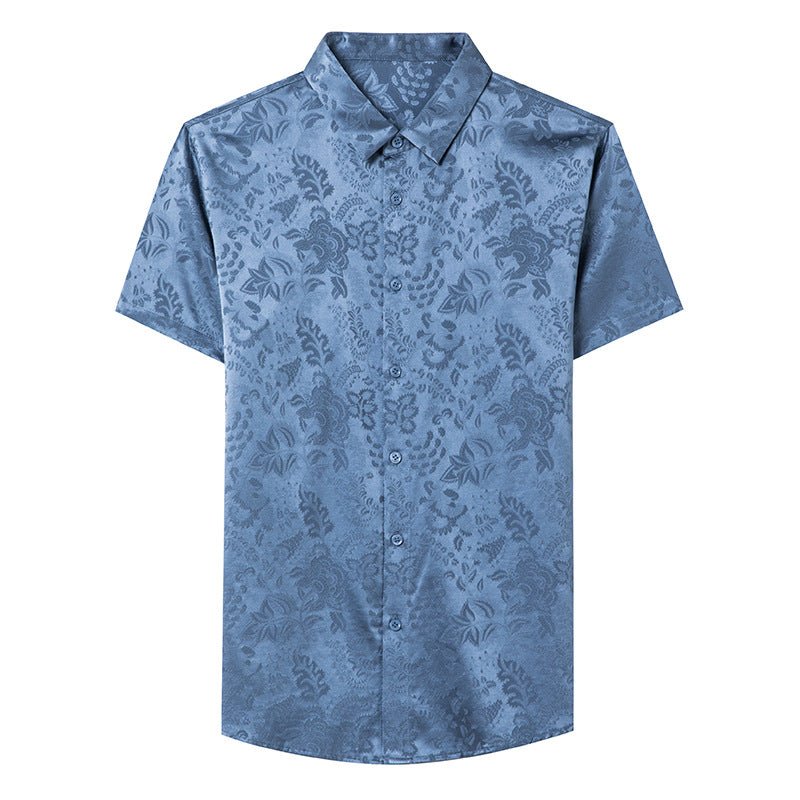 Mens Button Down Silk Shirts Short Sleeve Floral Print Silk Dress Shirt XS Blue