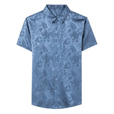 Mens Button Down Silk Shirts Short Sleeve Floral Print Silk Dress Shirt XS Blue