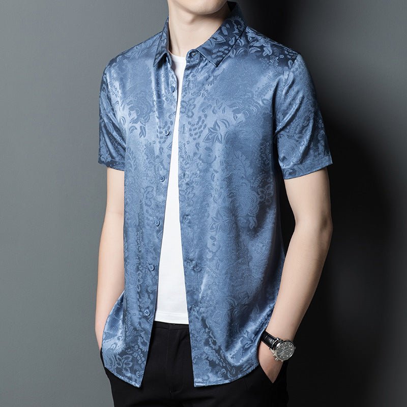 Mens Button Down Silk Shirts Short Sleeve Floral Print Silk Dress Shirt XS Blue