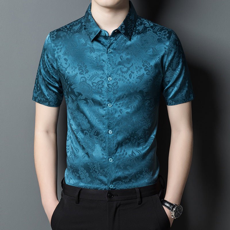 Mens Button Down Silk Shirts Short Sleeve Floral Print Silk Dress Shirt XS Teal