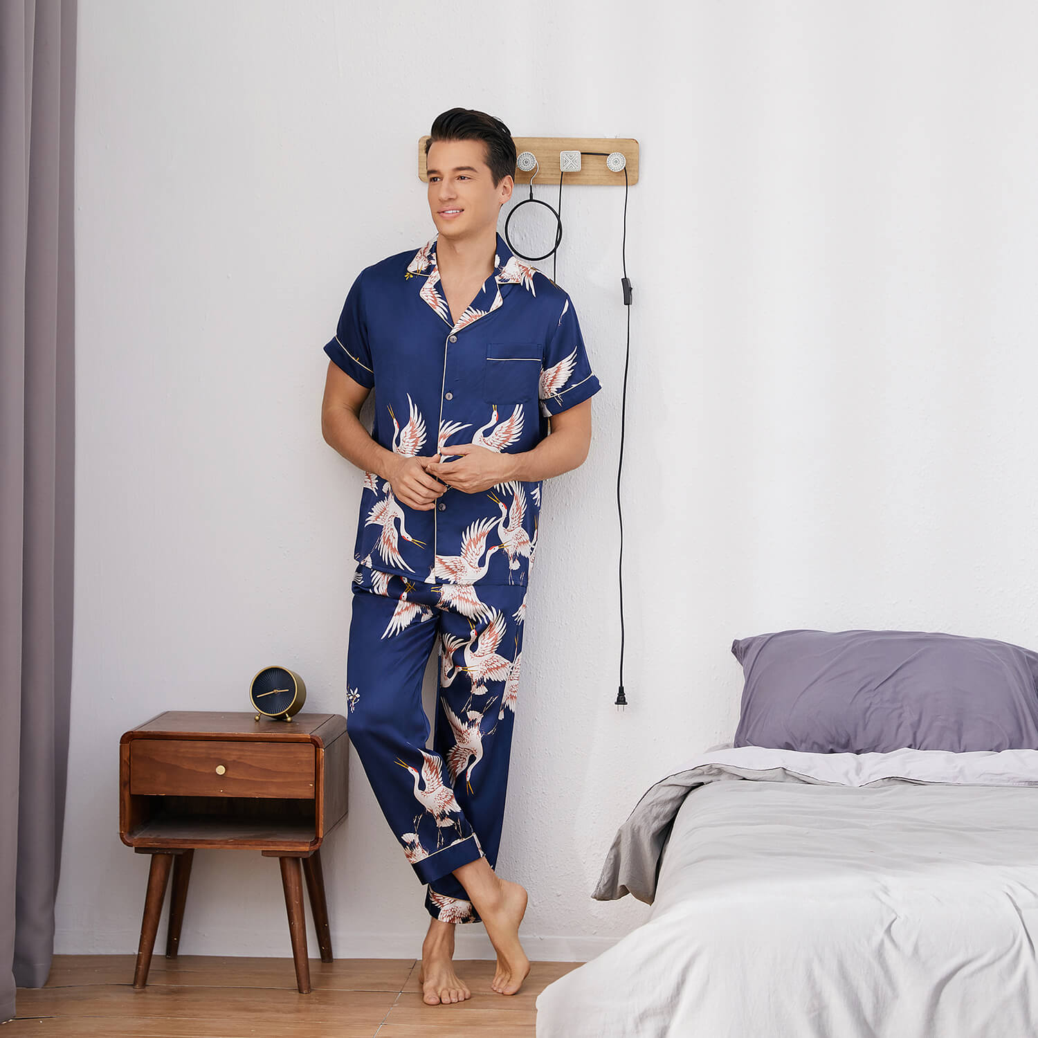 Mens Crane Print Silk Pajama Set 100% Mulberry Silk Sleepwear