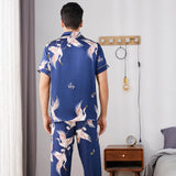 Mens Crane Print Silk Pajama Set 100% Mulberry Silk Sleepwear