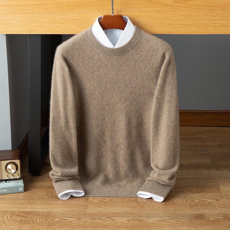 Mens Diamond Pattern Cashmere Sweater Crew Neck Long Sleeve Ribbed Hem Taupe XS