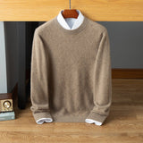 Mens Diamond Pattern Cashmere Sweater Crew Neck Long Sleeve Ribbed Hem Taupe XS