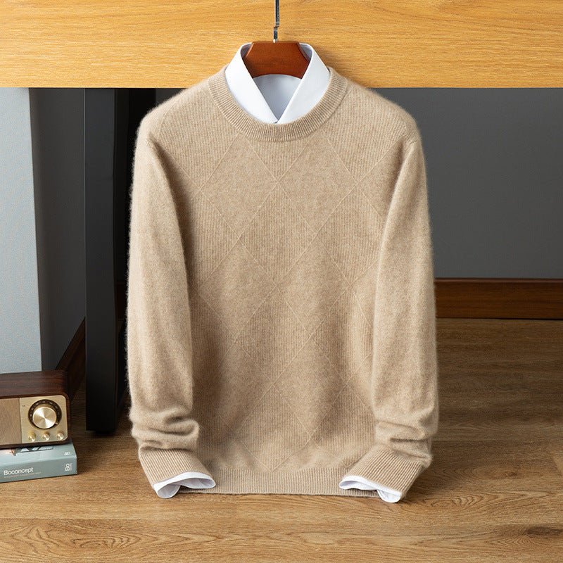 Mens Diamond Pattern Cashmere Sweater Crew Neck Long Sleeve Ribbed Hem Camel XS