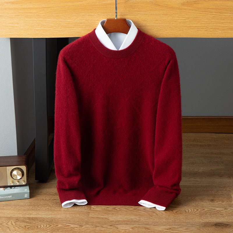 Mens Diamond Pattern Cashmere Sweater Crew Neck Long Sleeve Ribbed Hem Red XS