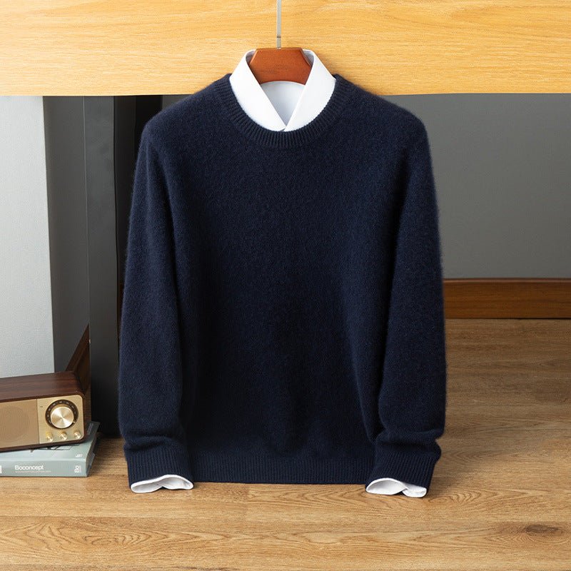 Mens Crew Neck Cashmere Sweater Long Sleeve Ribbed Hem Soft Knit Coat Navy Blue XS