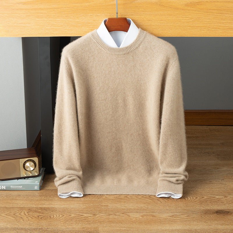 Mens Crew Neck Cashmere Sweater Long Sleeve Ribbed Hem Soft Knit Coat Light Camel XS