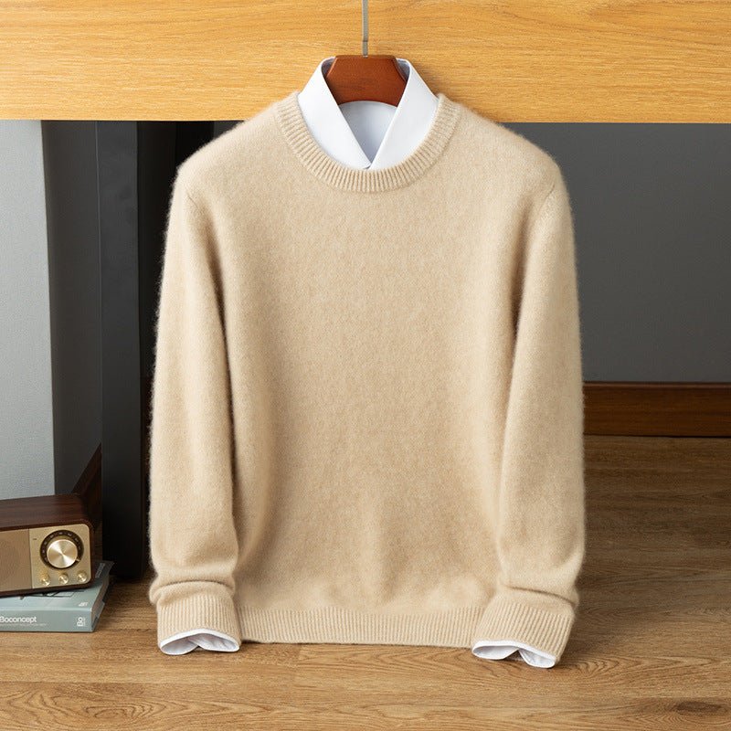 Mens Crew Neck Cashmere Sweater Long Sleeve Ribbed Hem Soft Knit Coat Beige XS