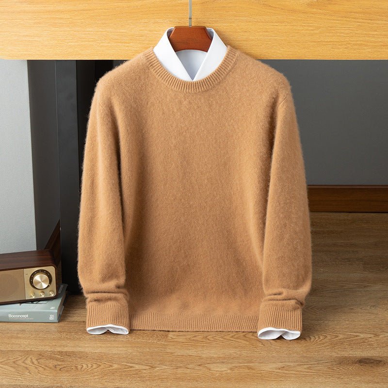 Mens Crew Neck Cashmere Sweater Long Sleeve Ribbed Hem Soft Knit Coat Camel XS