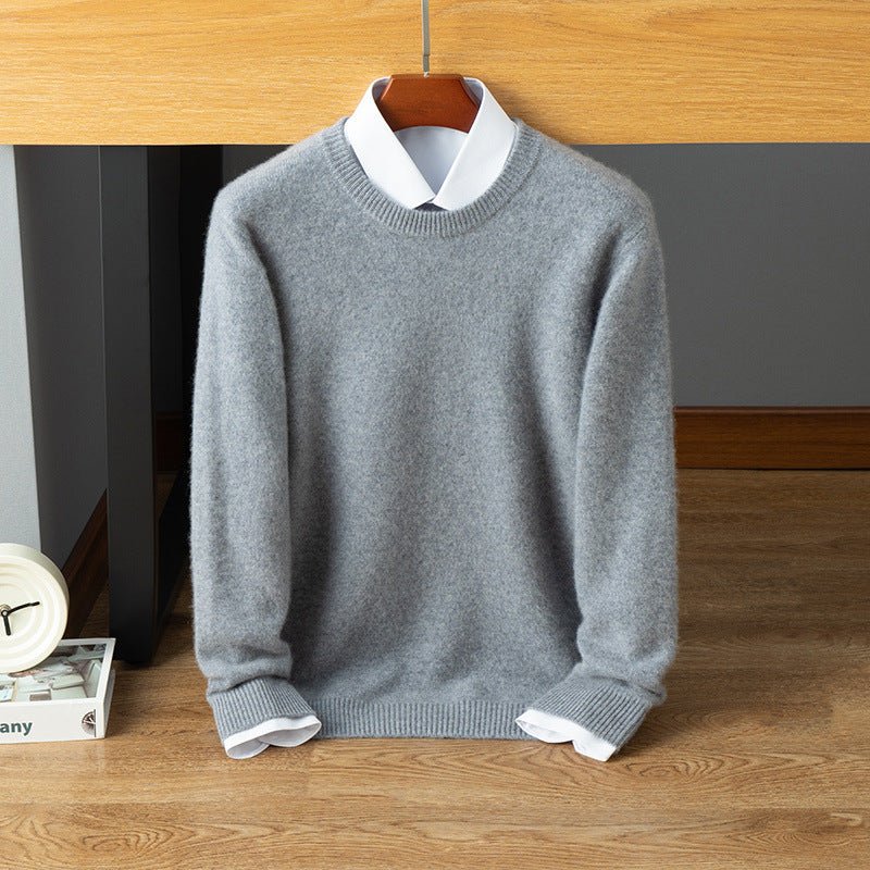 Mens Crew Neck Cashmere Sweater Long Sleeve Ribbed Hem Soft Knit Coat Gray XS