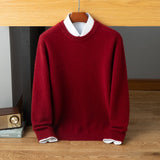Mens Crew Neck Cashmere Sweater Long Sleeve Ribbed Hem Soft Knit Coat Claret XS