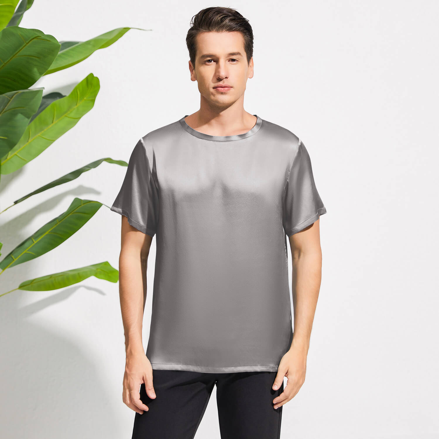 Mens Crew Neck Silk T Shirt Short Sleeve Silk Round Collar Tee Dark Gray XS