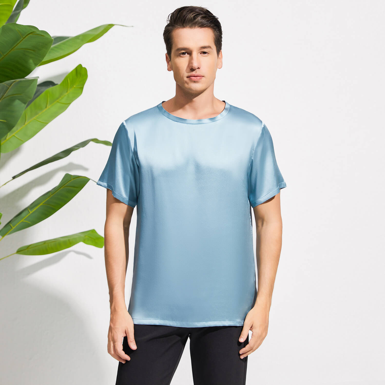 Mens Crew Neck Silk T Shirt Short Sleeve Silk Round Collar Tee Haze Blue XS