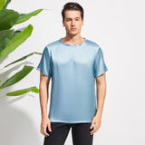 Mens Crew Neck Silk T Shirt Short Sleeve Silk Round Collar Tee Haze Blue XS