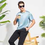 Mens Crew Neck Silk T Shirt Short Sleeve Silk Round Collar Tee Haze Blue XS