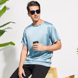 Mens Crew Neck Silk T Shirt Short Sleeve Silk Round Collar Tee Haze Blue XS