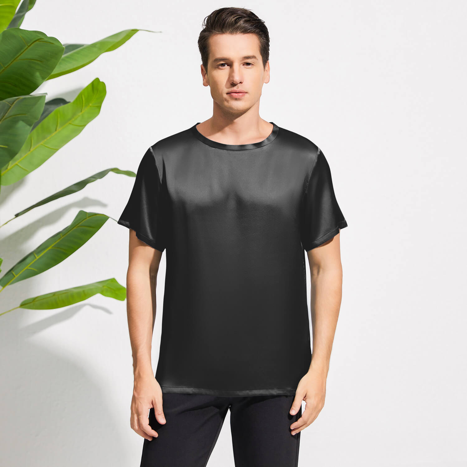 Mens Crew Neck Silk T Shirt Short Sleeve Silk Round Collar Tee Black XS