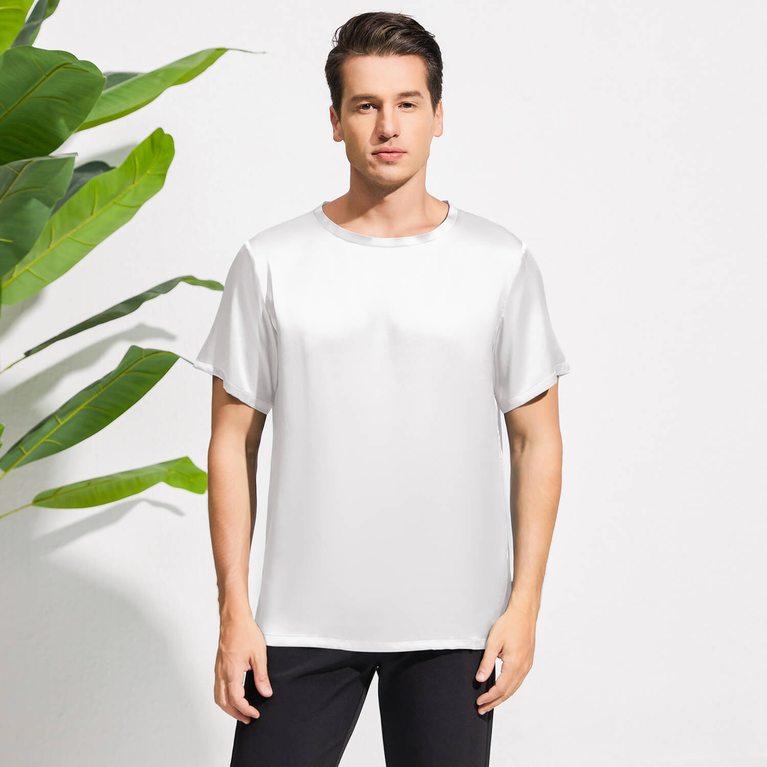 Mens Crew Neck Silk T Shirt Short Sleeve Silk Round Collar Tee White XS