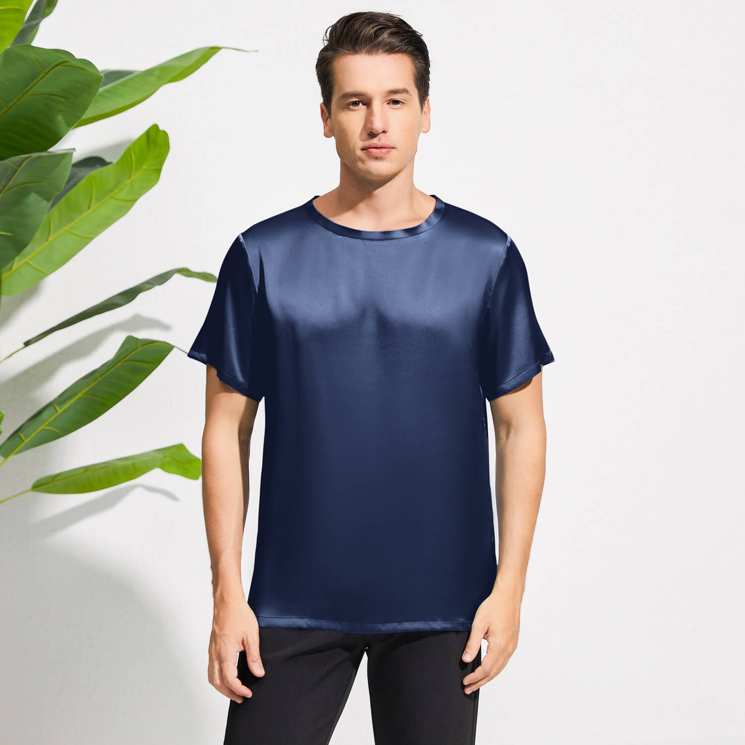 Mens Crew Neck Silk T Shirt Short Sleeve Silk Round Collar Tee Navy Blue XS